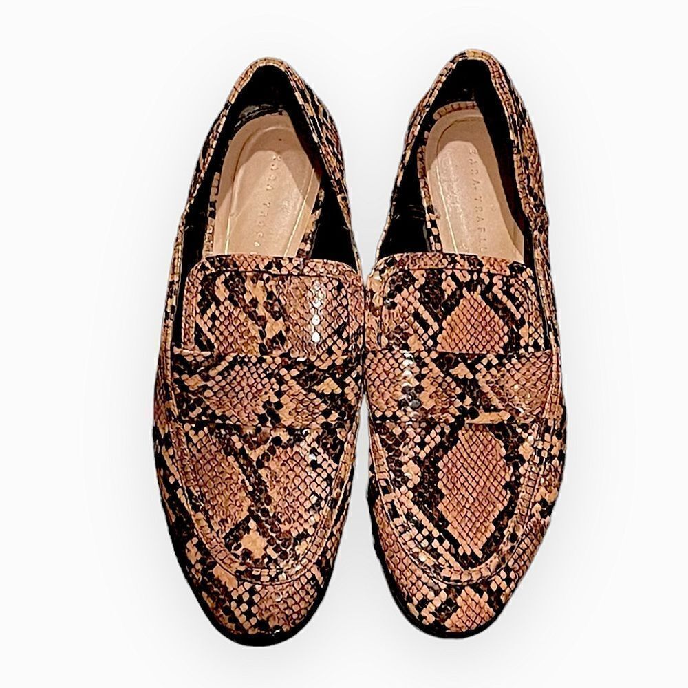 Zara Trafaluc Brown Tan Slip On Faux Snakeskin Loafers Sz 36